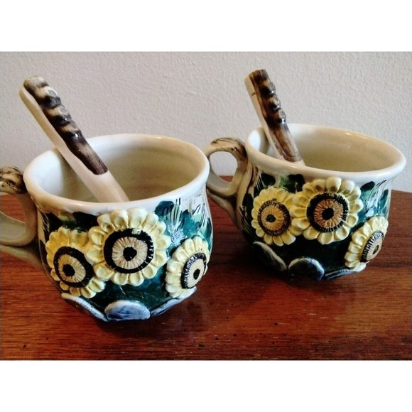 2 Sunflower Coffee Tea Cups Mugs Spoons Handmade Glazed Pottery Studio Crafted - Picture 4 of 11